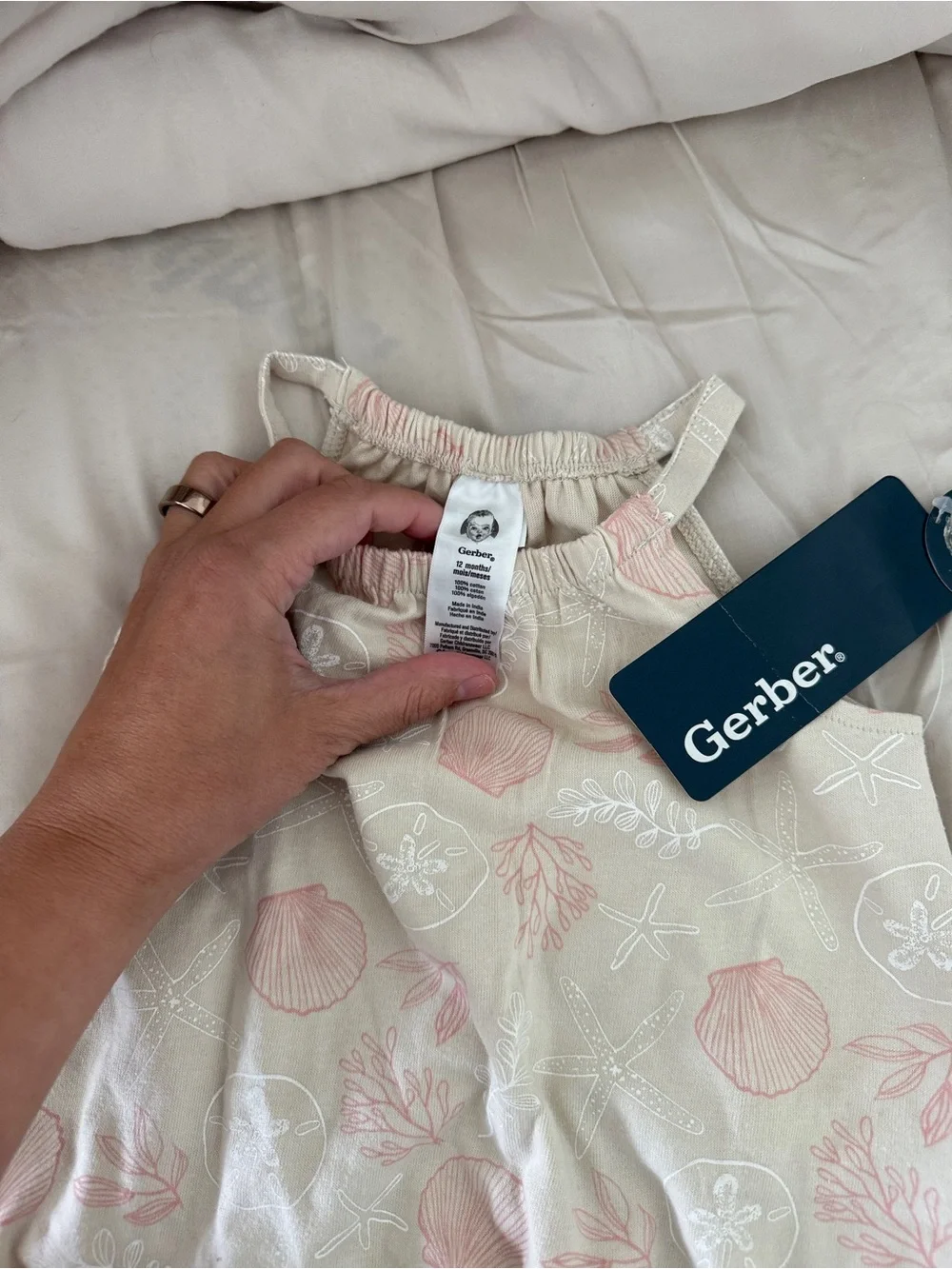 Soft Cream & Pink Shell-Print Baby Romper - Gerber brand